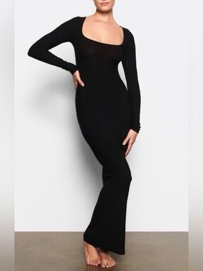 SKIMS Black Long-Sleeve Scoop-Neck Maxi Dress
